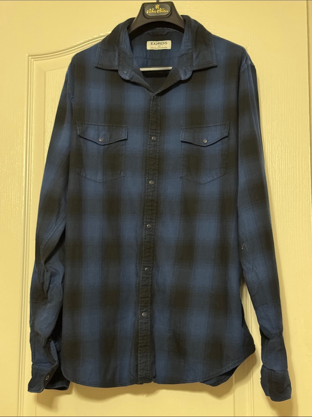 Express Men’s Blue and Black Plaid Button-Down Shirt